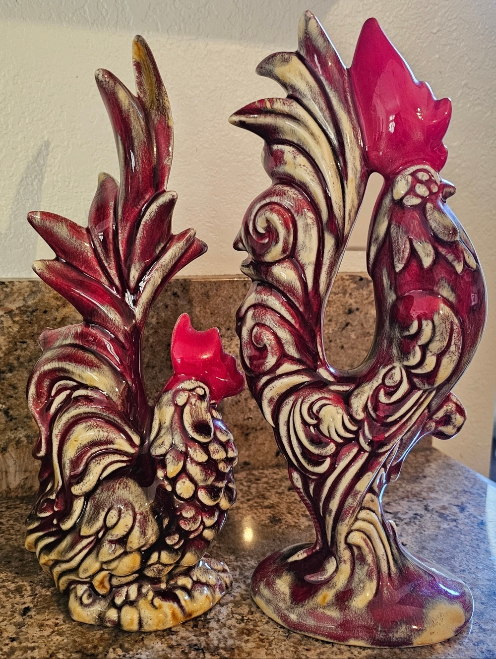Vintage Hand Painted 12" Red Ceramic Roosters  Set Of 2 Retro Drip Glaze